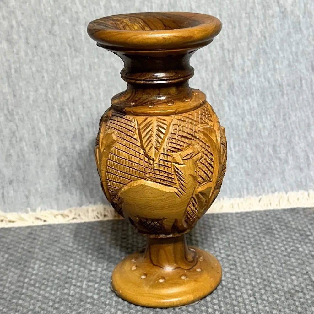 Vtg Hand Carved Boho Olive Wood Bud Vase Holy Land Gazelle Deer Animal Relief 6